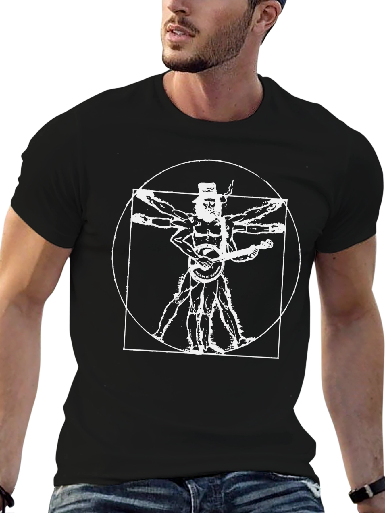 Vitruvian Banjo Man Graphic Tee - Black Cotton T-Shirt
