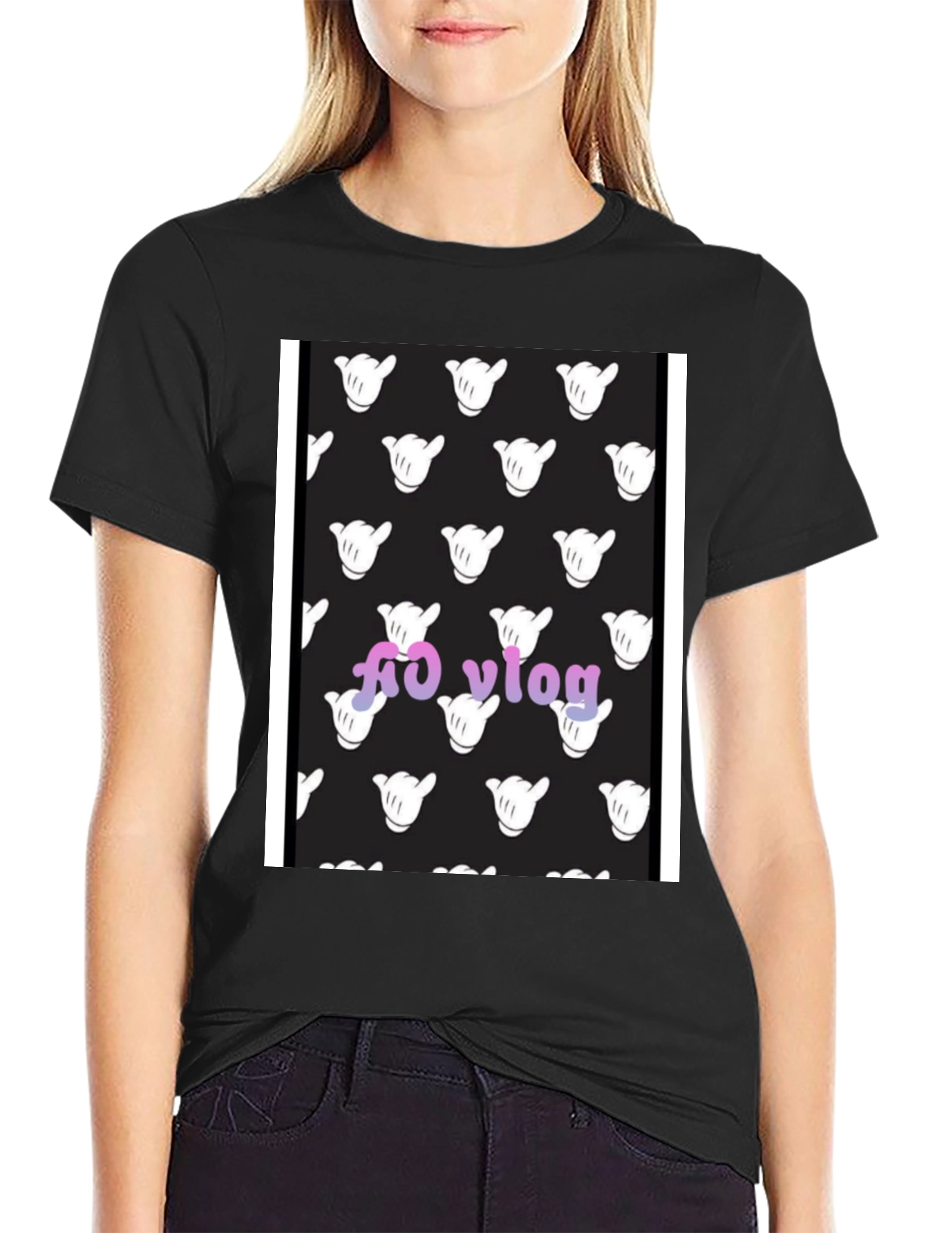 Black T-Shirt with Hang Loose Hand Pattern