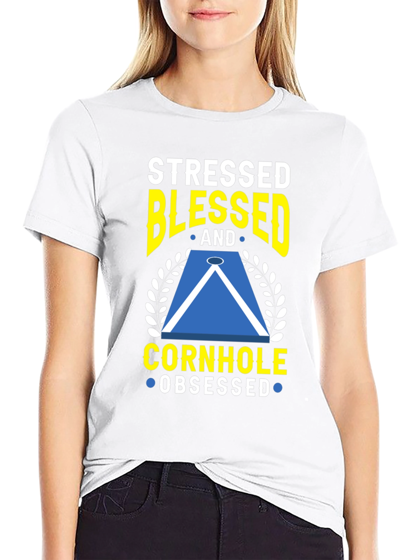 Stressed Blessed Cornhole Obsessed Graphic Tee