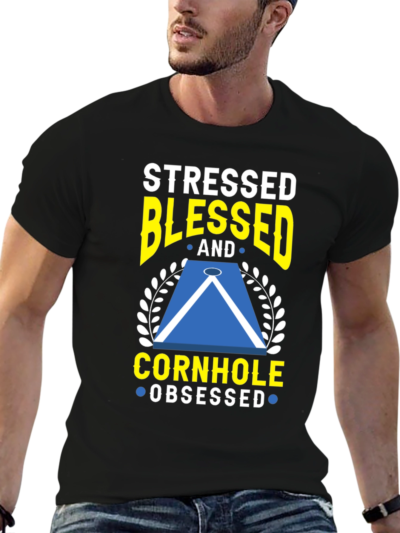 Stressed Blessed Cornhole Obsessed Graphic Tee