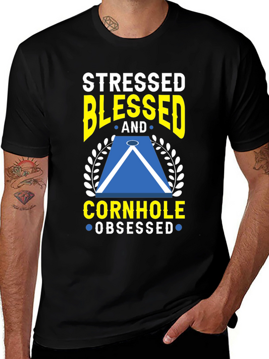Stressed Blessed Cornhole Obsessed Graphic Tee