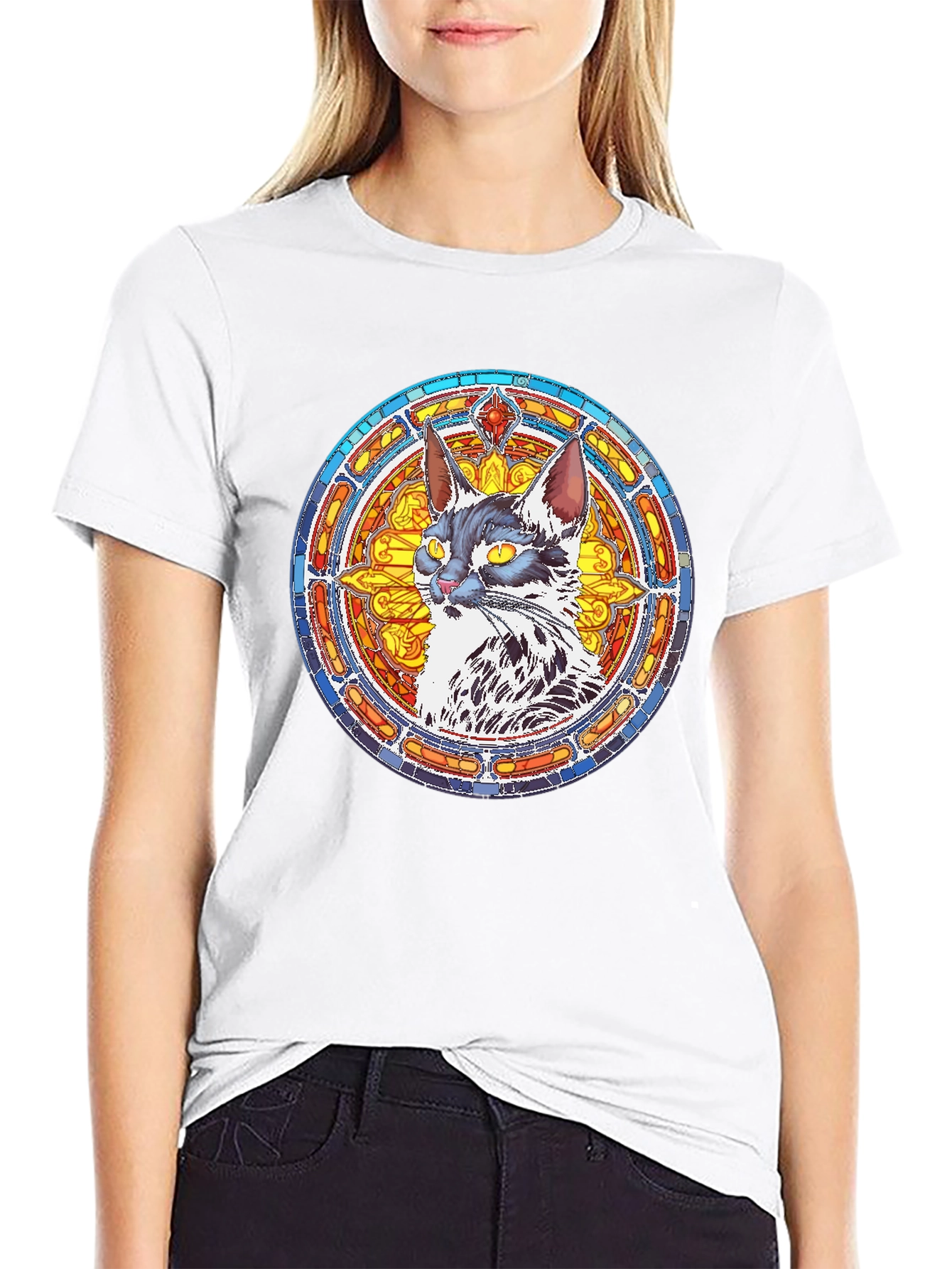 Stained Glass Cat Graphic Tee - Black