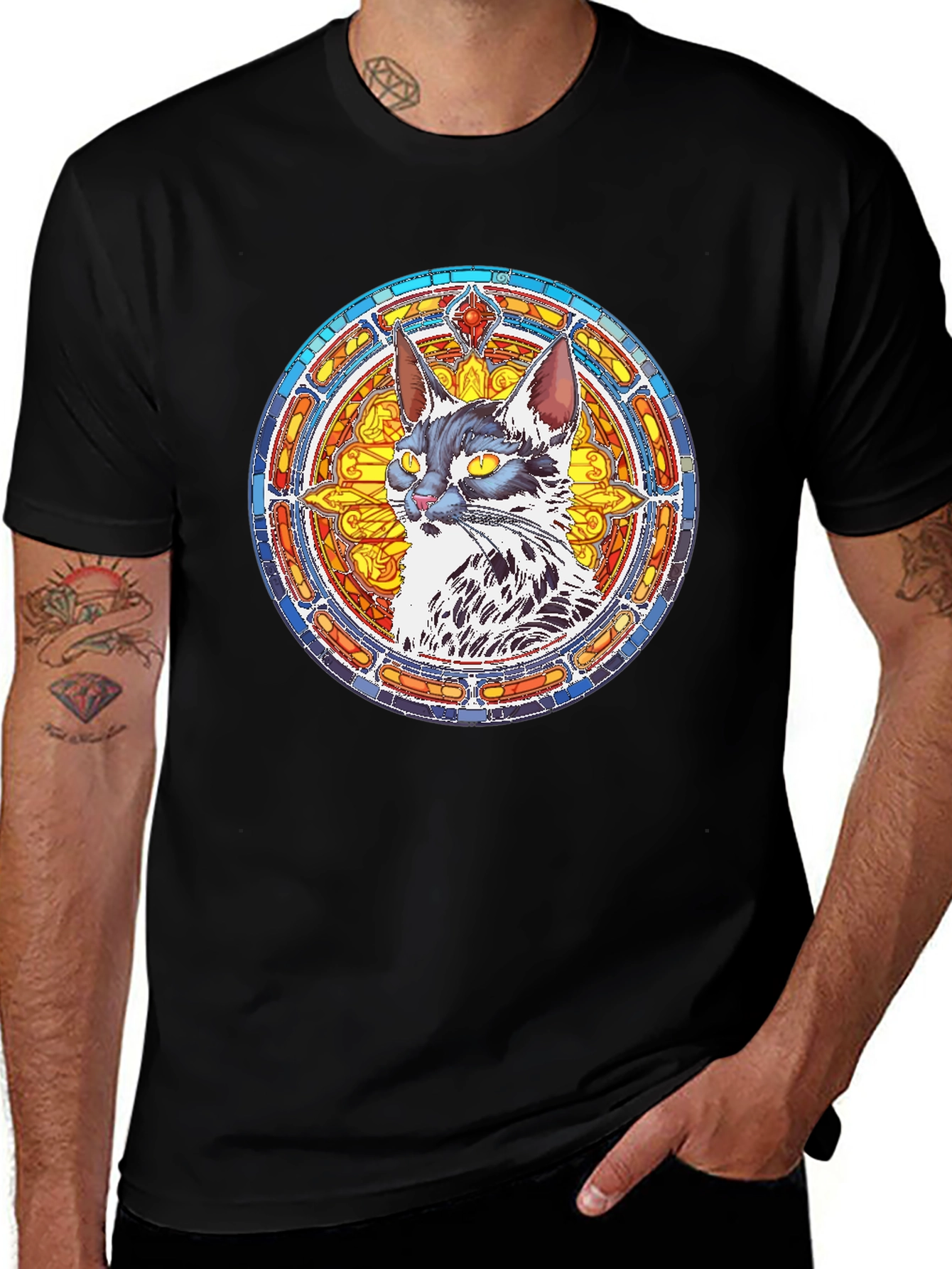 Stained Glass Cat Graphic Tee - Black