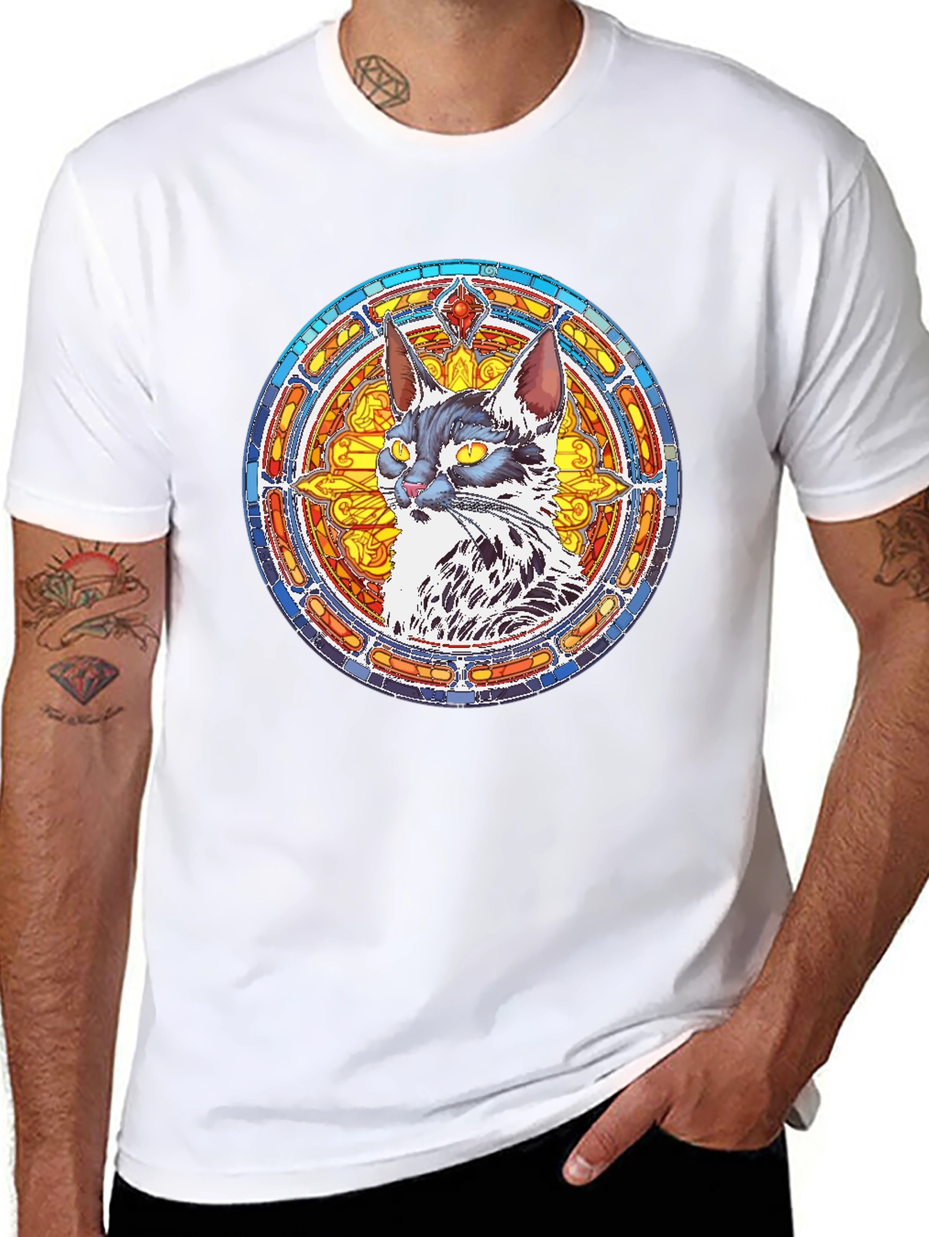 Stained Glass Cat Graphic Tee - Black