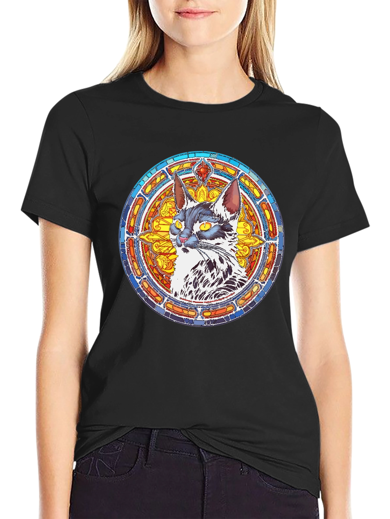 Stained Glass Cat Graphic Tee - Black