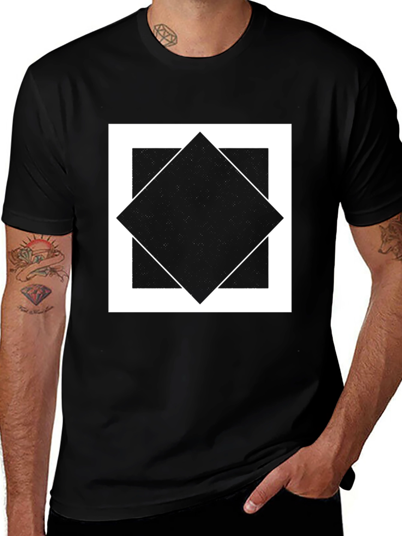 Geometric Square Diamond Graphic Tee - Black