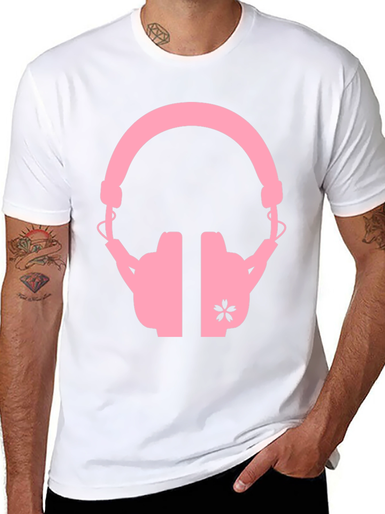Pink Headphones on Black T-Shirt