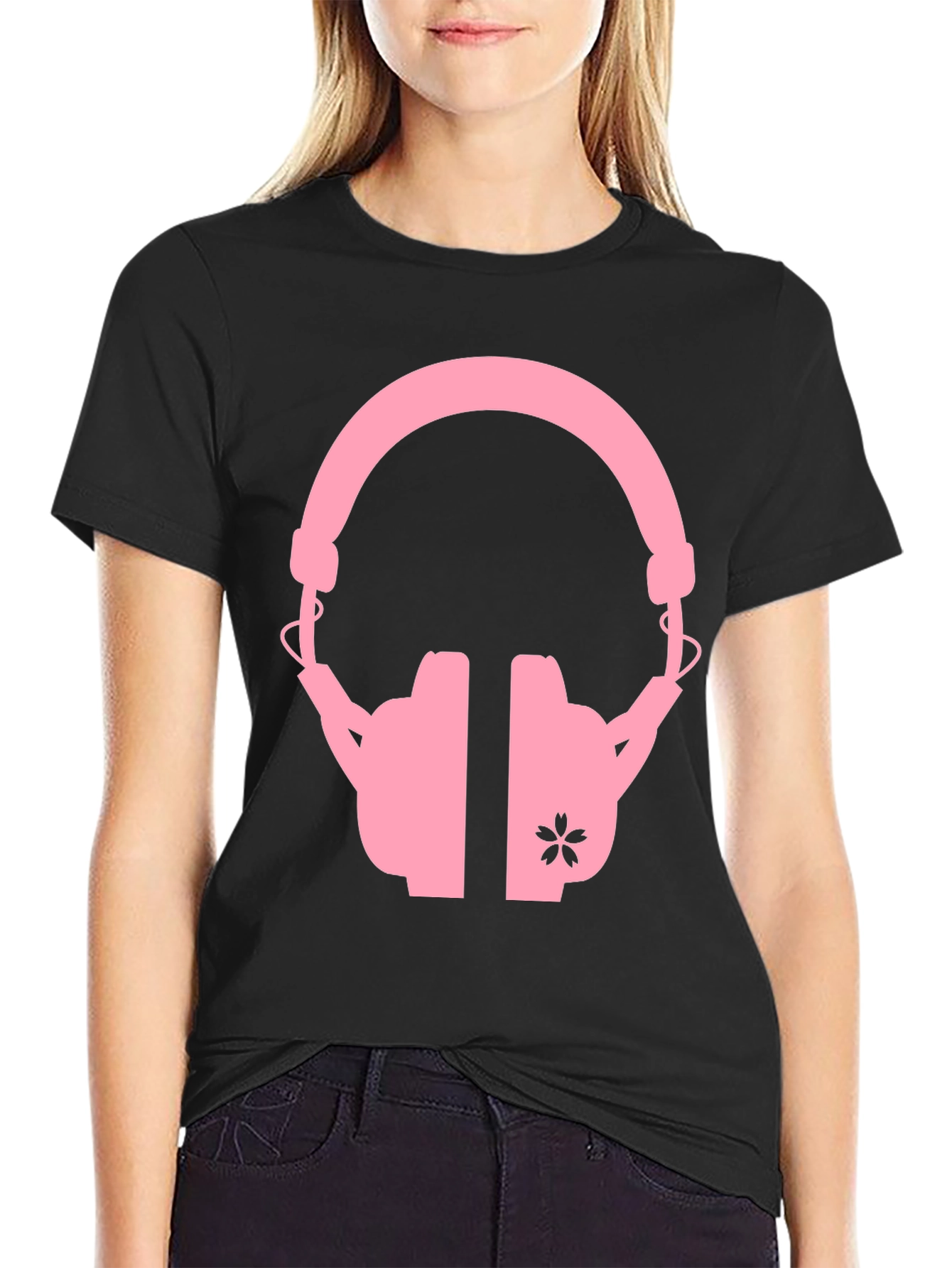 Pink Headphones on Black T-Shirt