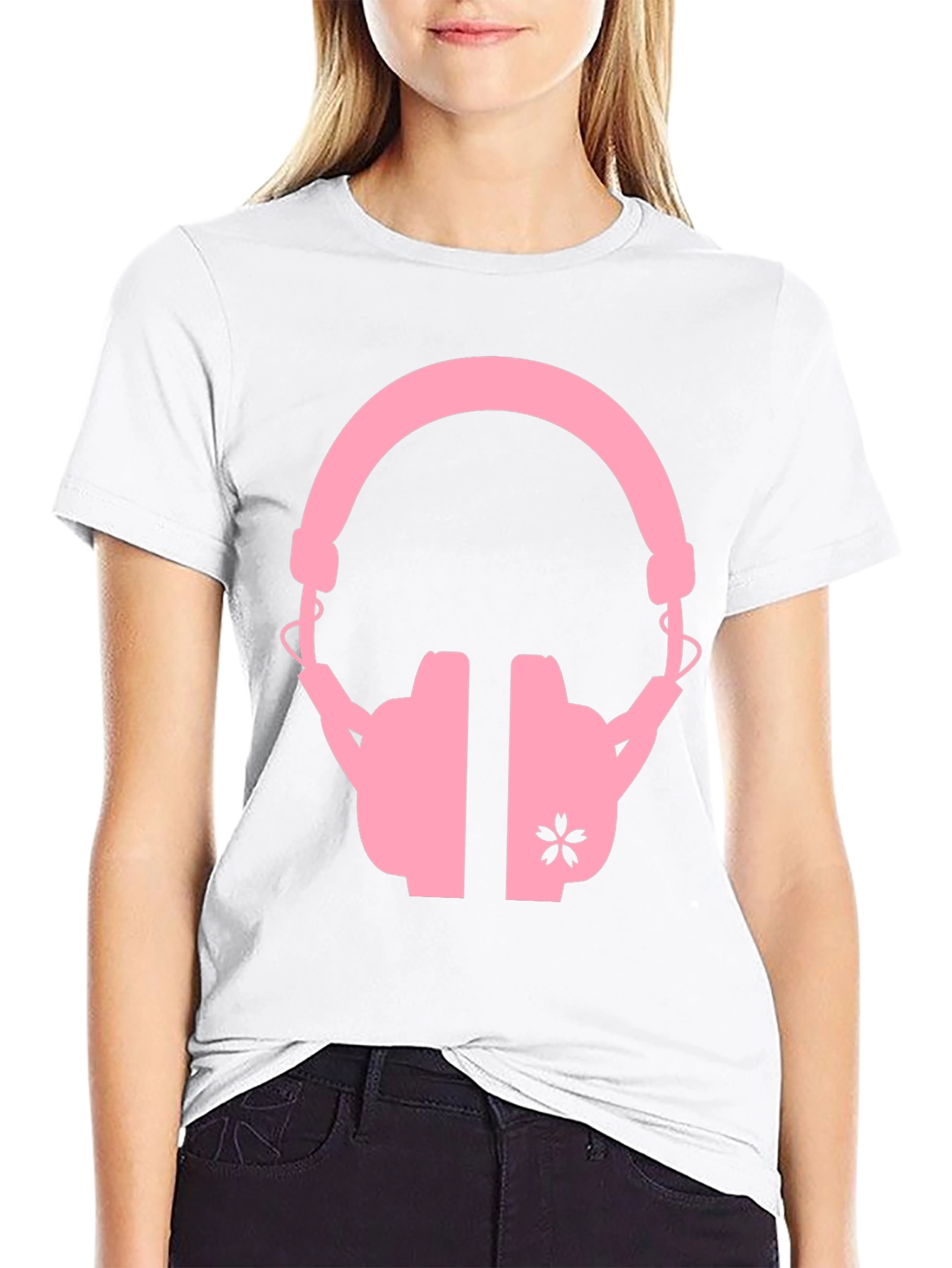 Pink Headphones on Black T-Shirt