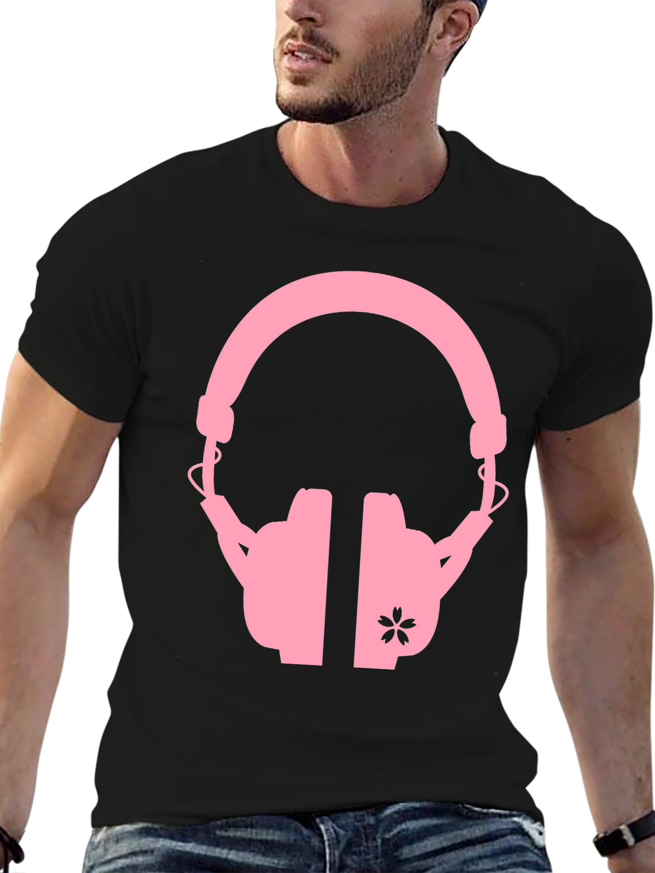 Pink Headphones on Black T-Shirt