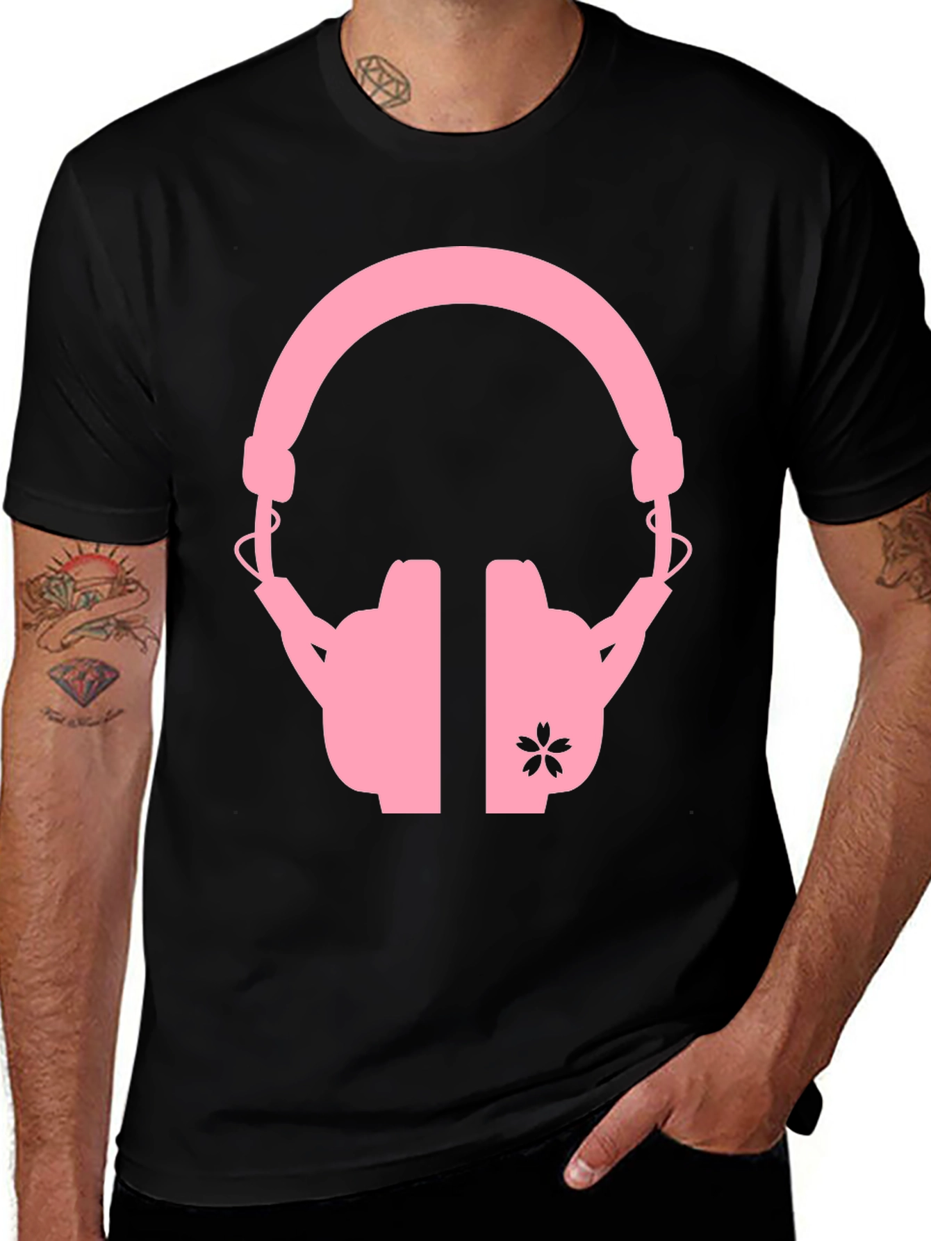 Pink Headphones on Black T-Shirt