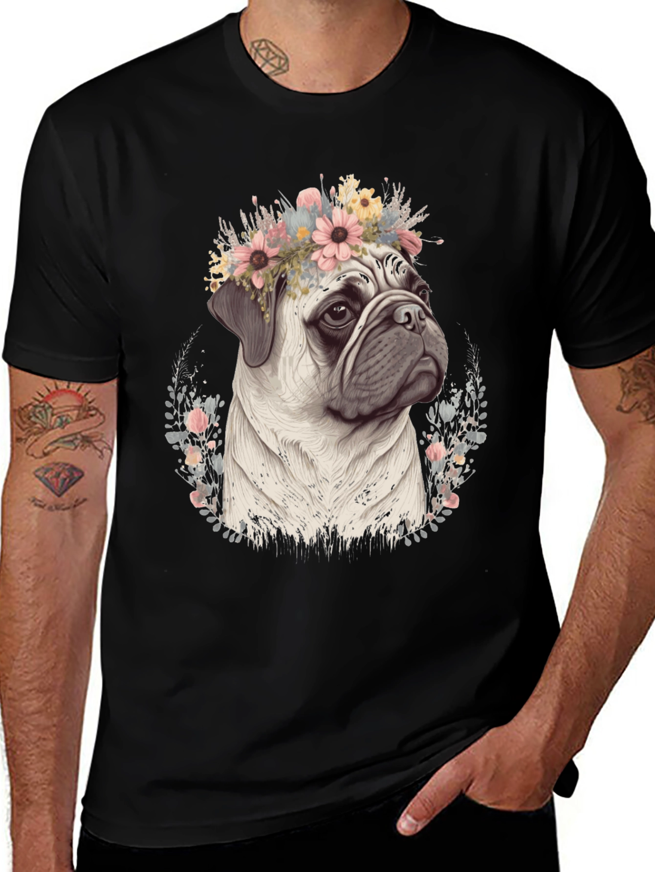 Pug Flower Crown T-Shirt - Mens Graphic Tee