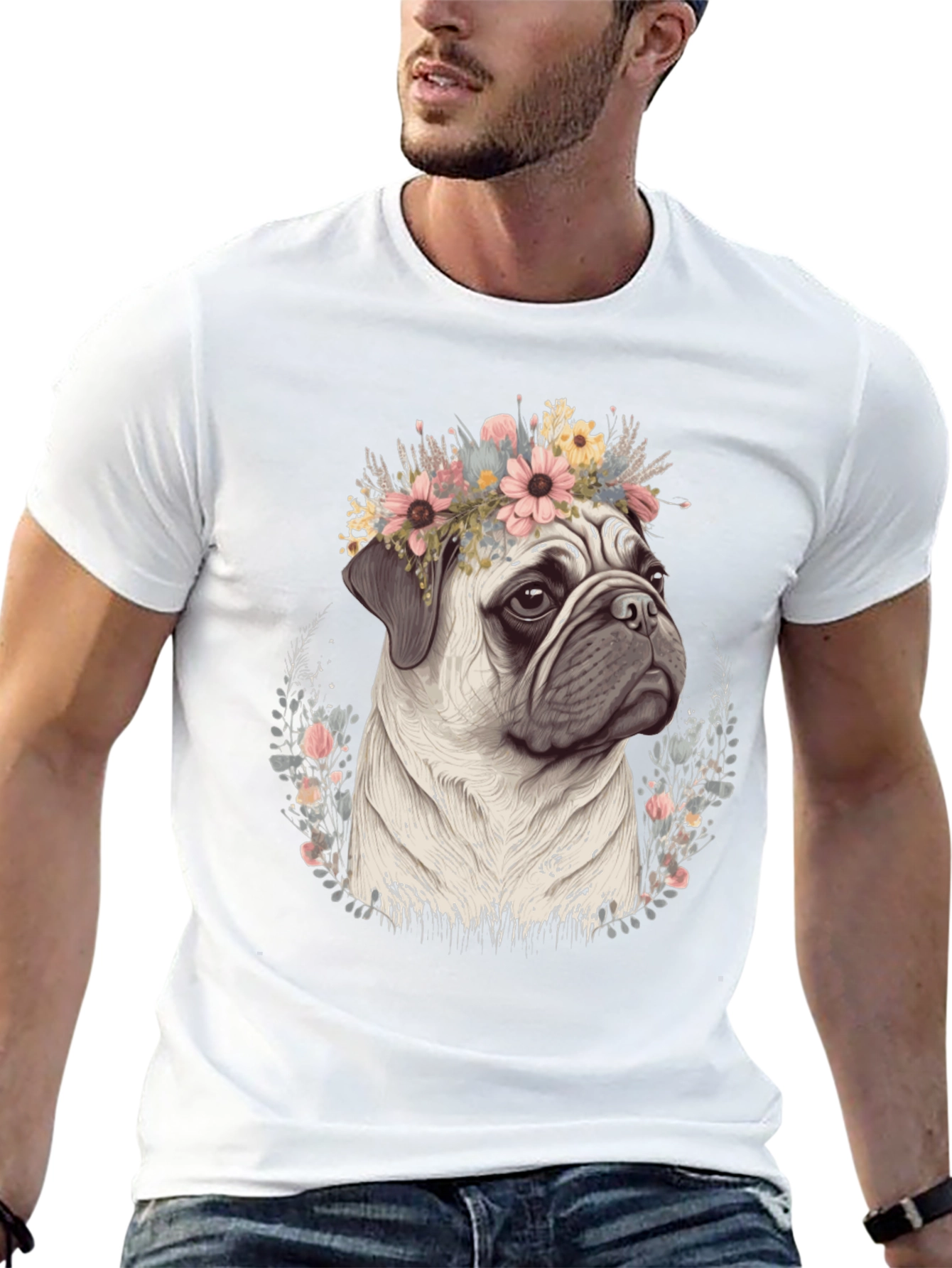 Pug Flower Crown T-Shirt - Mens Graphic Tee