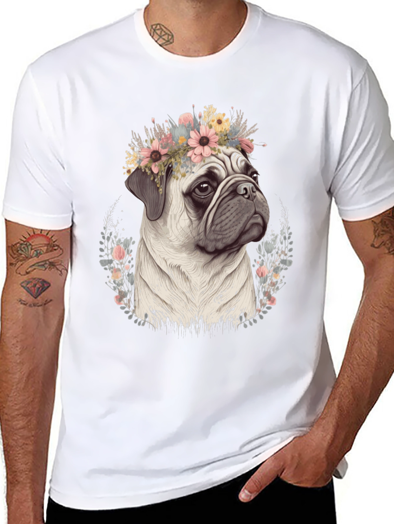 Pug Flower Crown T-Shirt - Mens Graphic Tee
