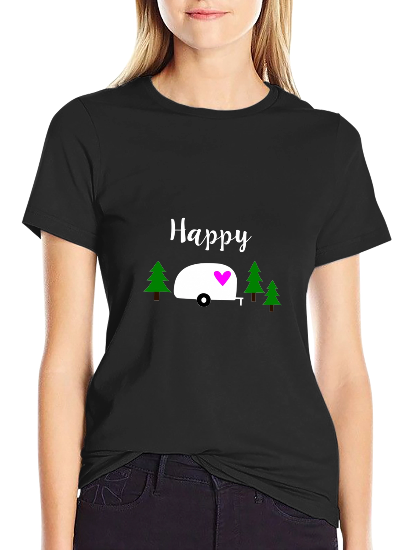 Happy Camper Graphic Tee - Black Cotton T-Shirt
